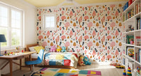 Detail showing pink, red, and brown fungi on Sweet Woodland Mushrooms wallpaper.⁠GD9451