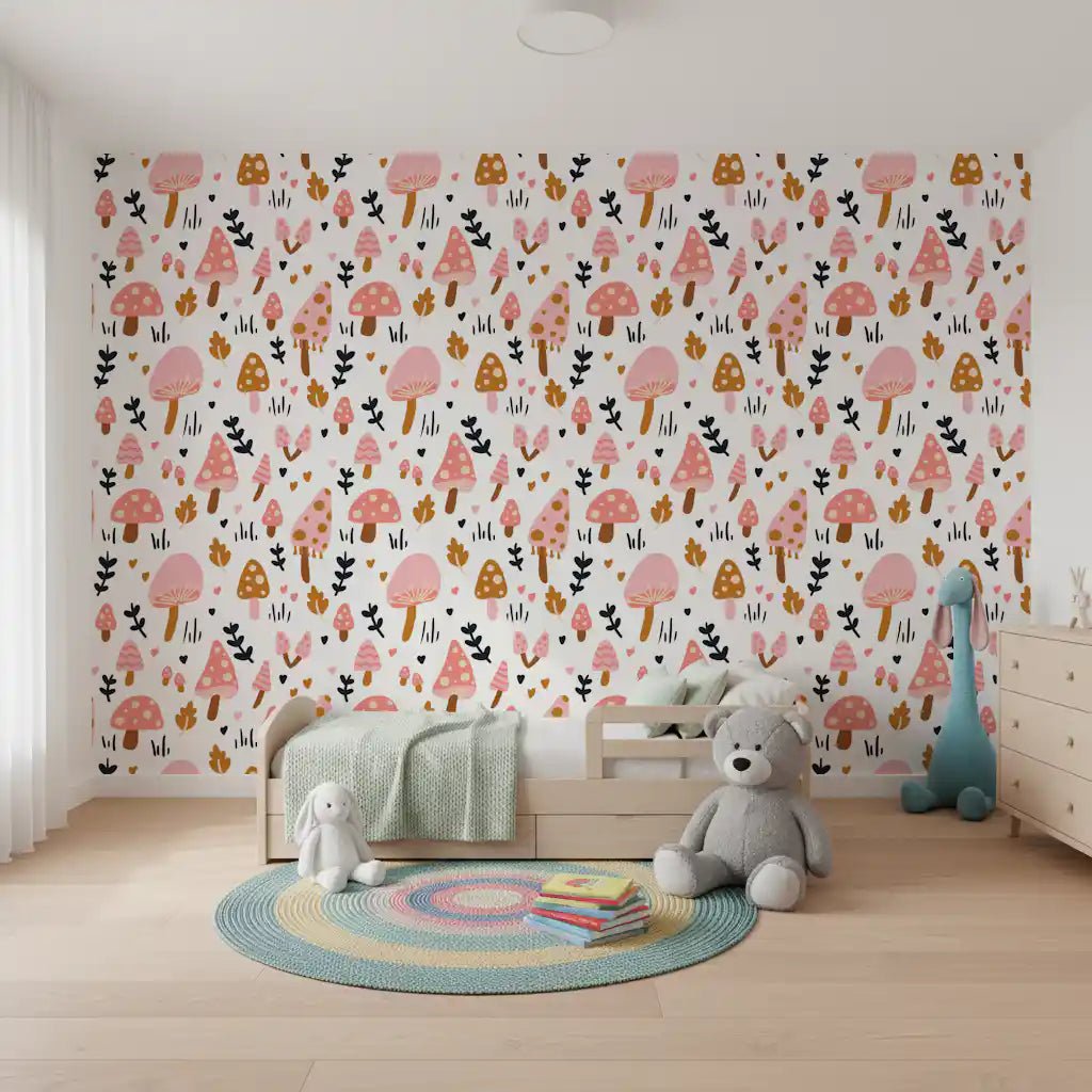 Close-up view of illustrated mushrooms on Sweet Woodland Mushrooms wallpaper.GD9451