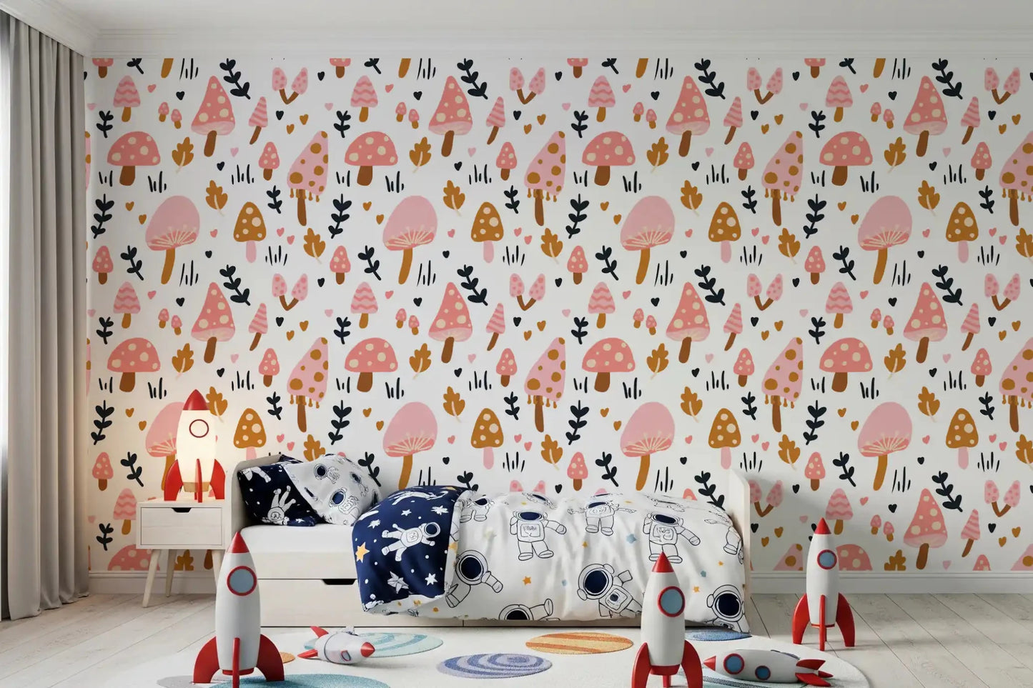Bright nursery environment features Sweet Woodland Mushrooms wallpaper.⁠GD9451