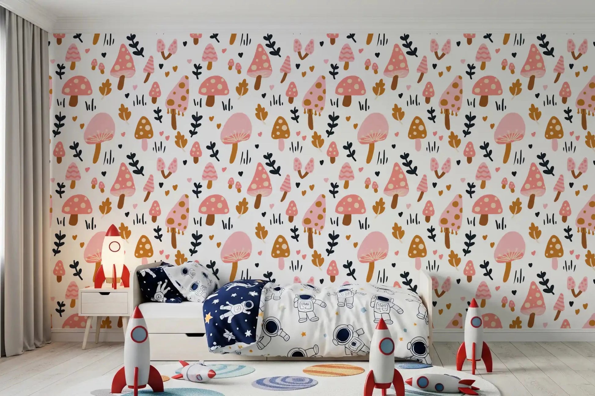 Bright nursery environment features Sweet Woodland Mushrooms wallpaper.⁠GD9451