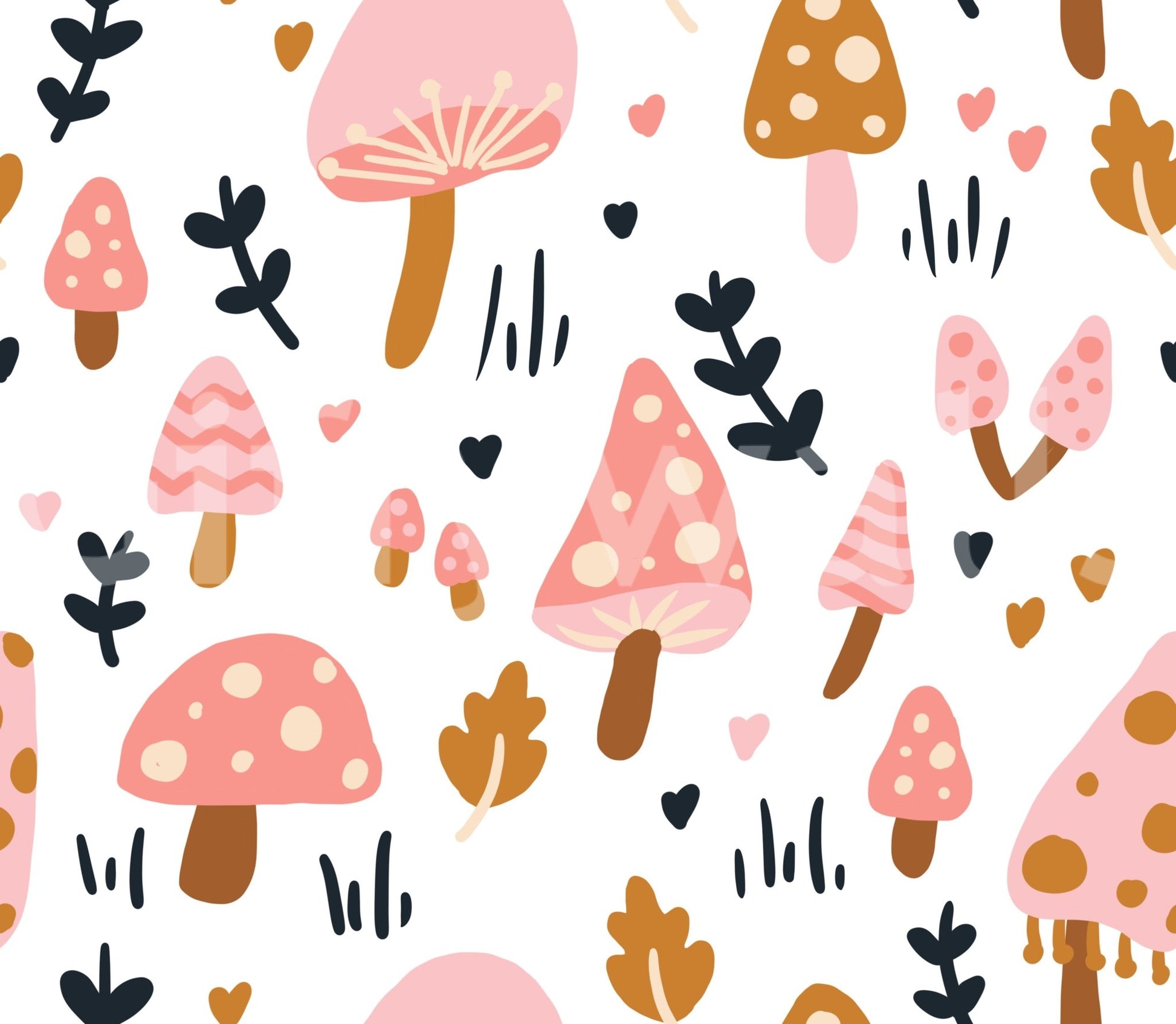 Illustrated leaves and mushrooms repeat across Sweet Woodland Mushrooms wallpaper.GD9451