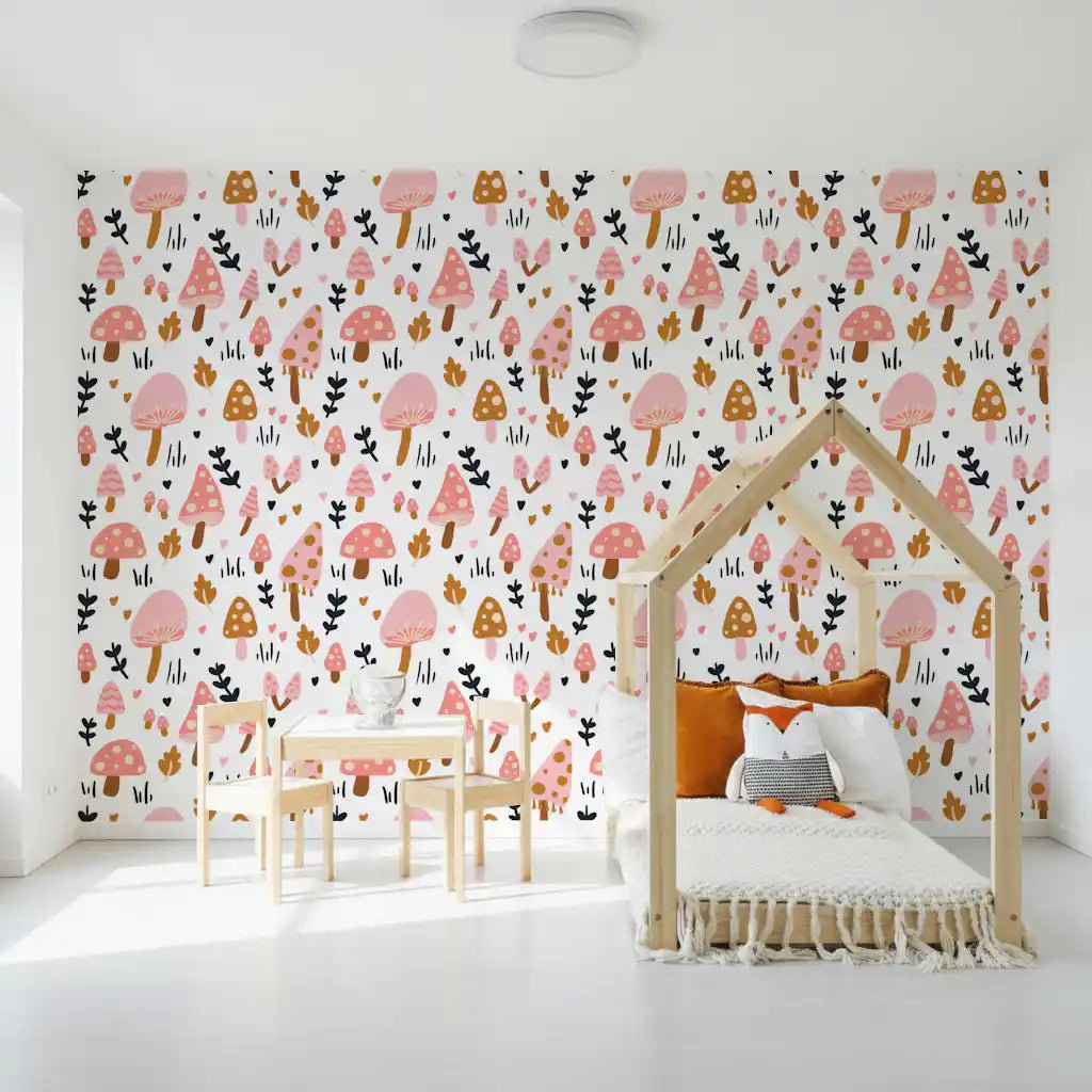 Applying cute woodland mushrooms wallpaper in a small playroom..GD9451