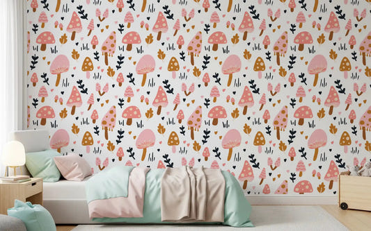 Playful vibes in a kids bedroom using the mushrooms wallpaper.⁠GD9451