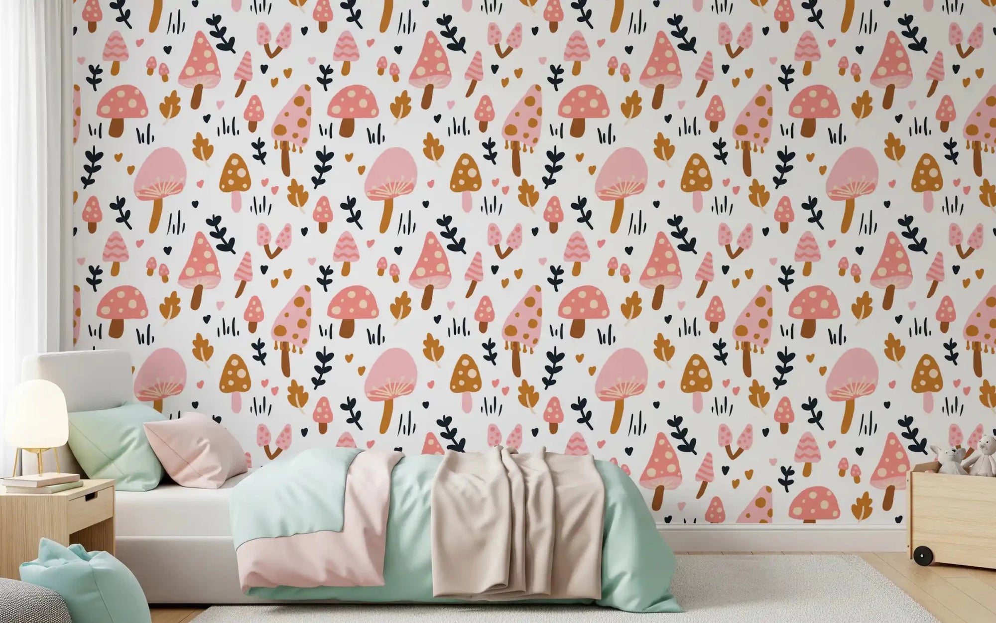 Playful vibes in a kids bedroom using the mushrooms wallpaper.⁠GD9451