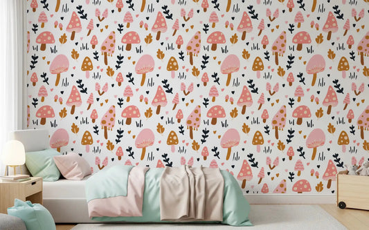 Playful vibes in a kids bedroom using the mushrooms wallpaper.⁠GD9451