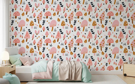 Playful vibes in a kids bedroom using the mushrooms wallpaper.⁠GD9451
