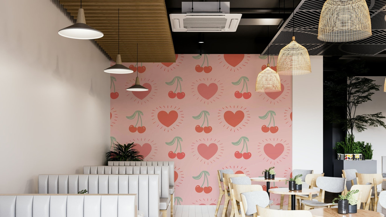 Sweetheart cherries wallpaper with playful red motifs


