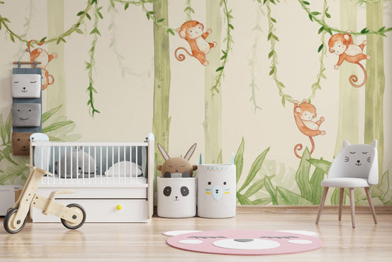 Playful swinging monkey mural for kids' rooms, C171