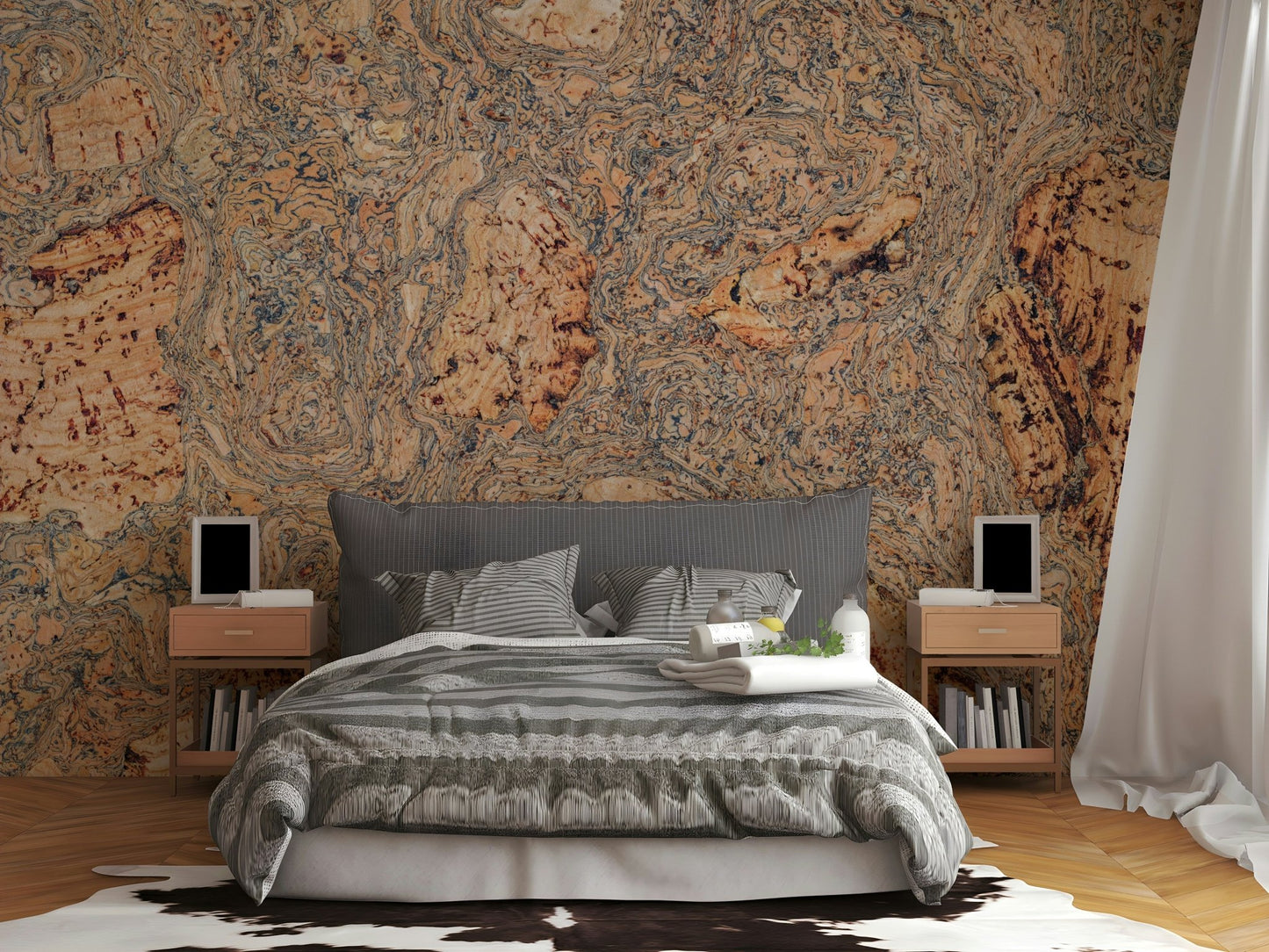 An artistic abstract wood mural on minimalist wallpaper.

