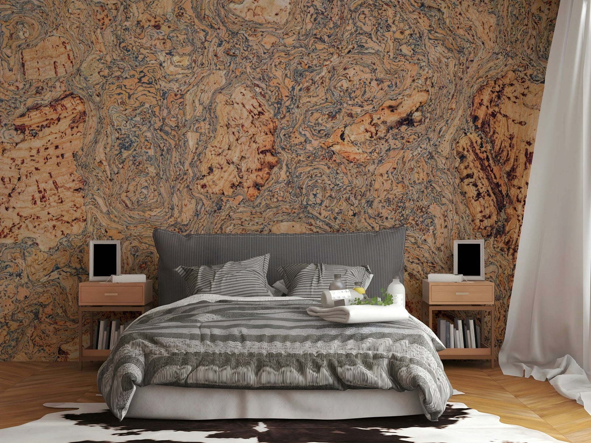 An artistic abstract wood mural on minimalist wallpaper.

