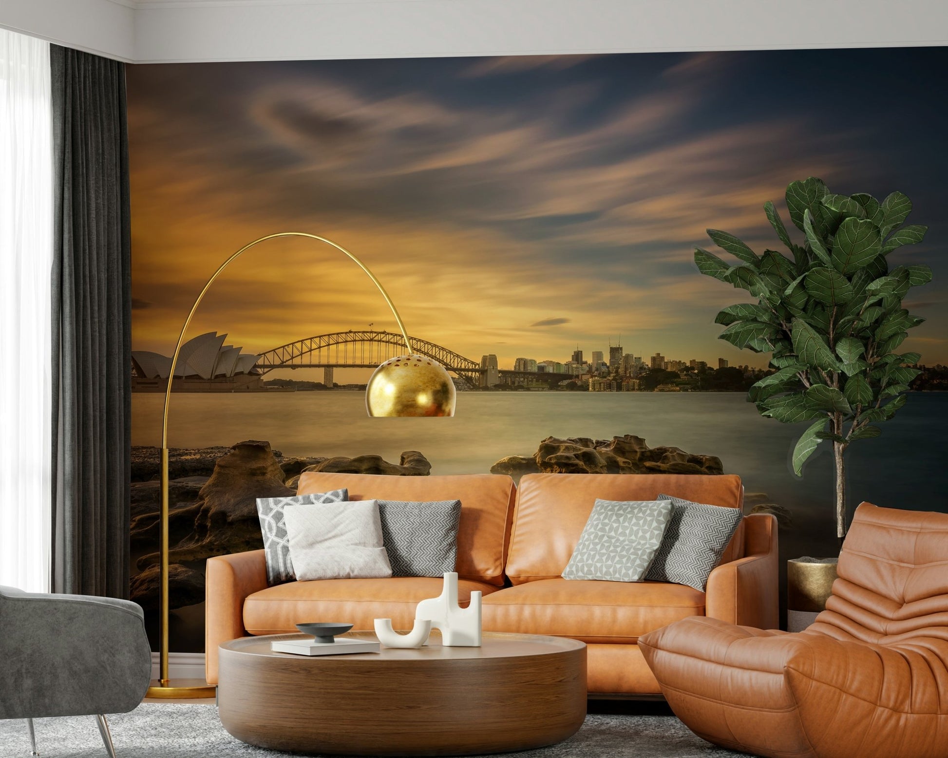 A peaceful modern abstract mural on decorative wallpaper.