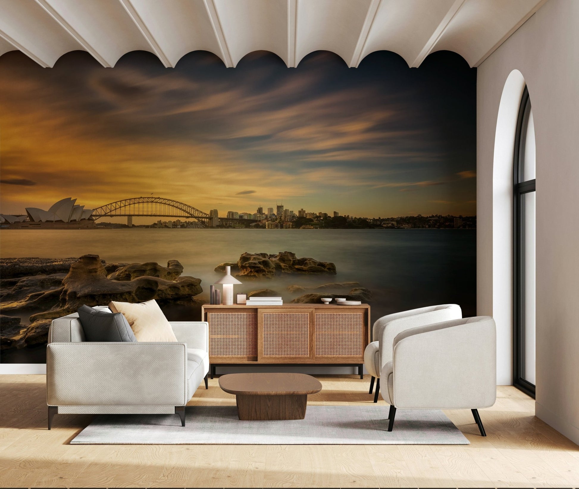A graceful subtle pattern wall mural in warm, tranquil tones.