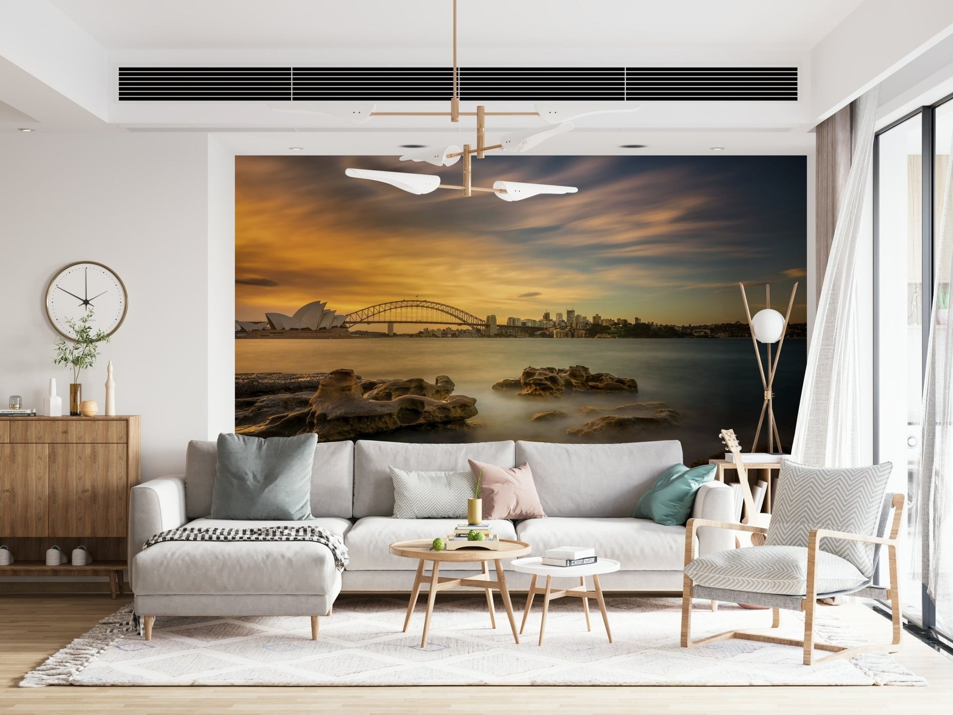 An artistic iconic landmark mural on scenic wallpaper.