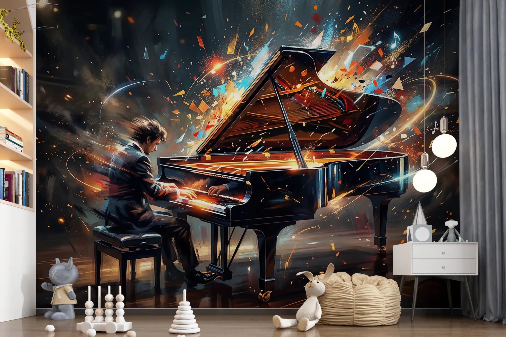 Symphony of Light wall mural with grand piano and light motion, GD9422