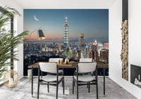 Moody Taipei wallpaper for walls with moon view.