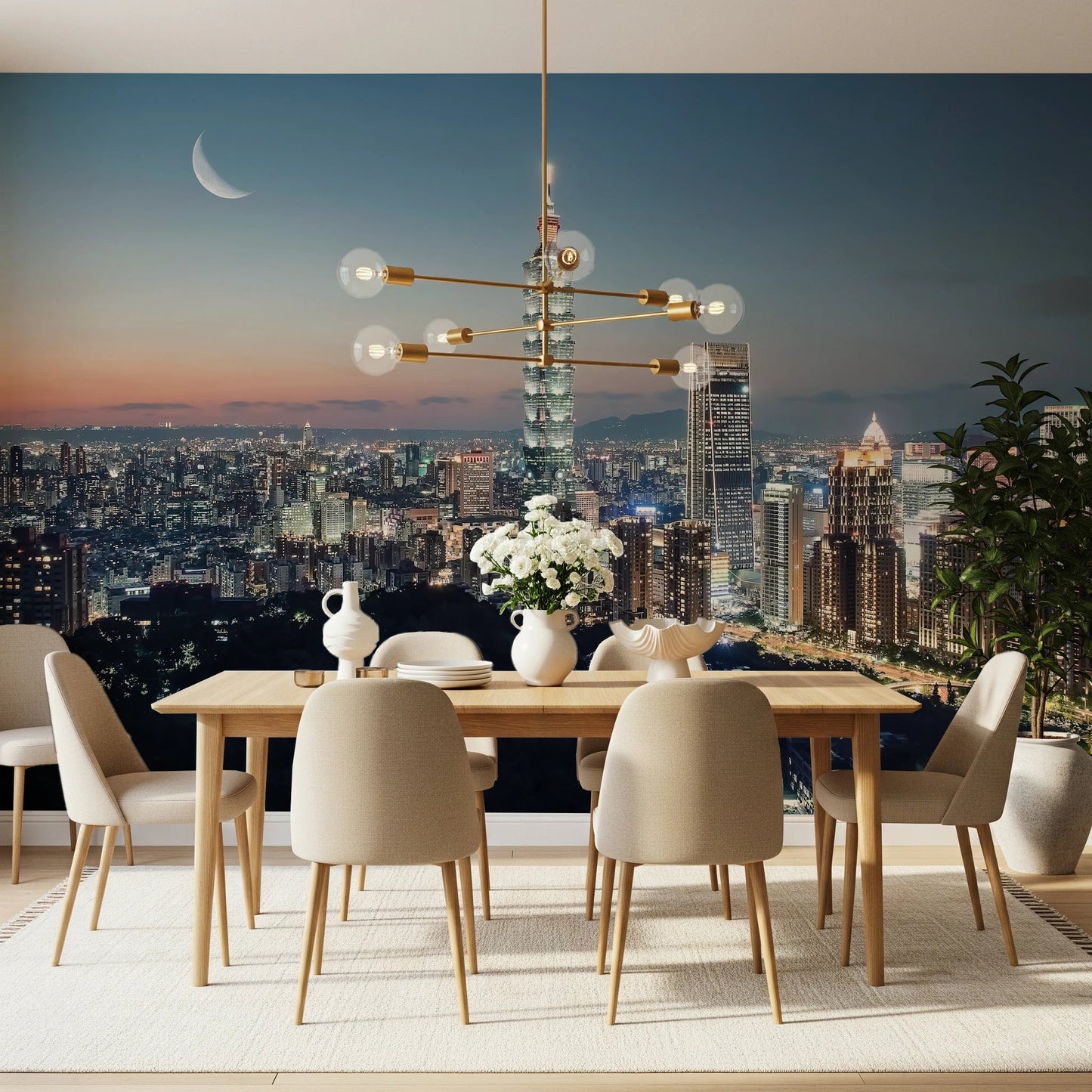 Nighttime urban wallpaper for walls with clouds.