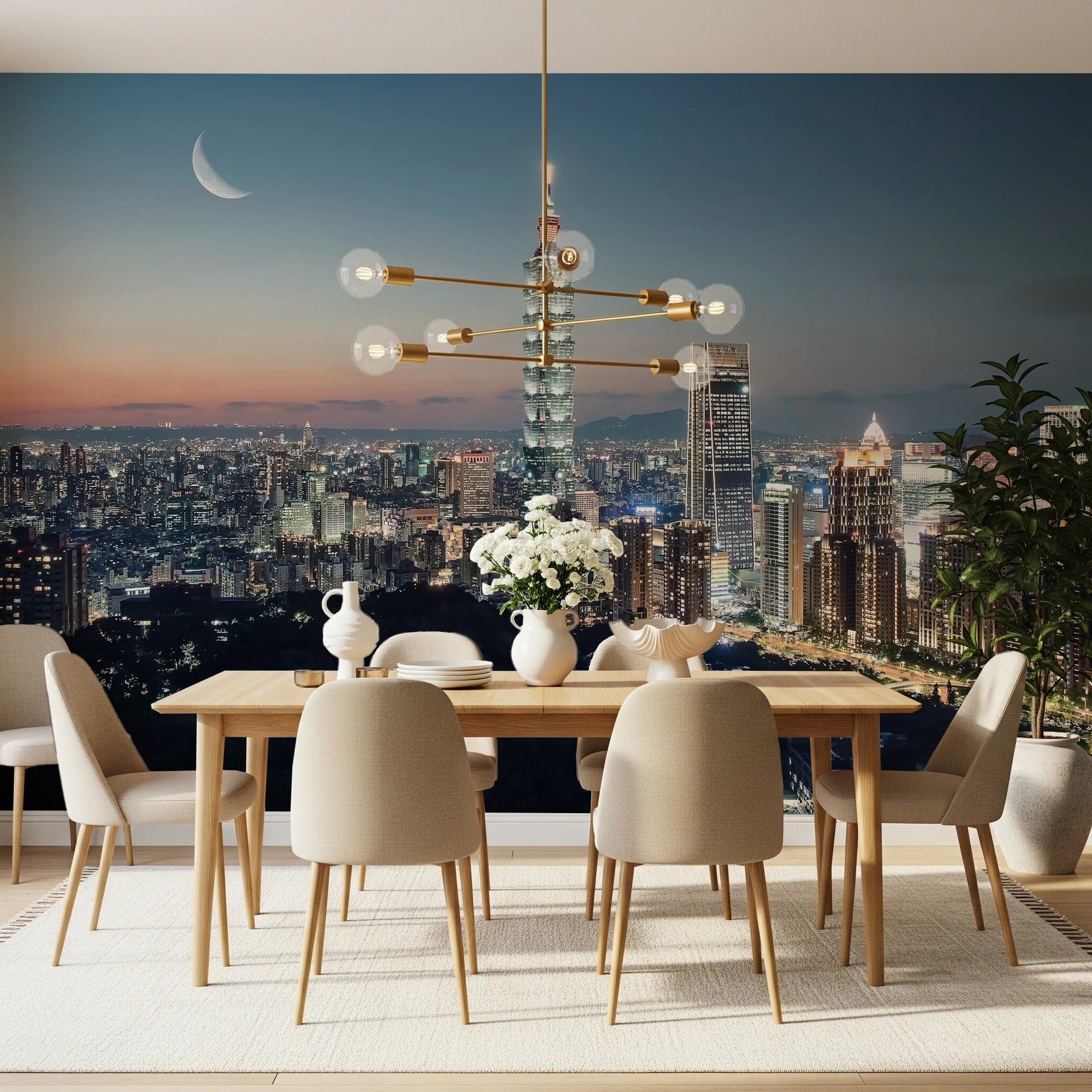 Nighttime urban wallpaper for walls with clouds.