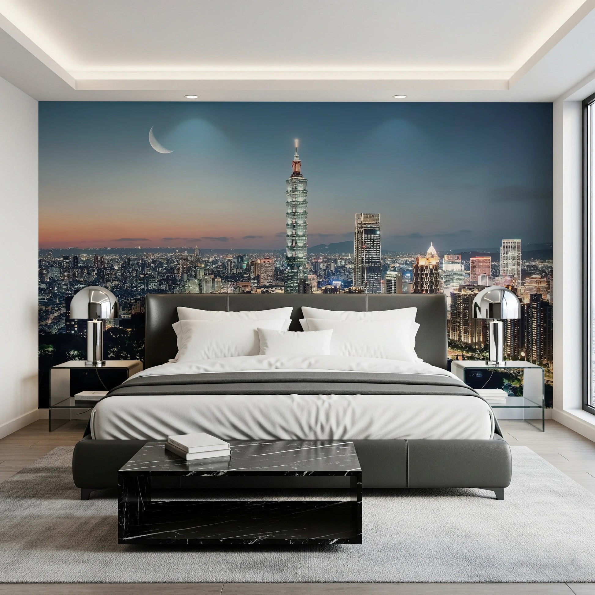 Taipei 101 wall mural with crescent moon sky.
