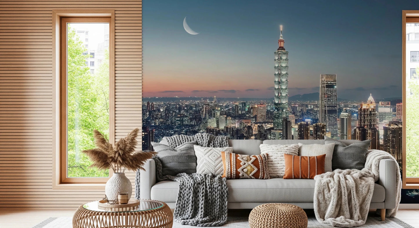 Peel and stick wall mural of Taipei at night.