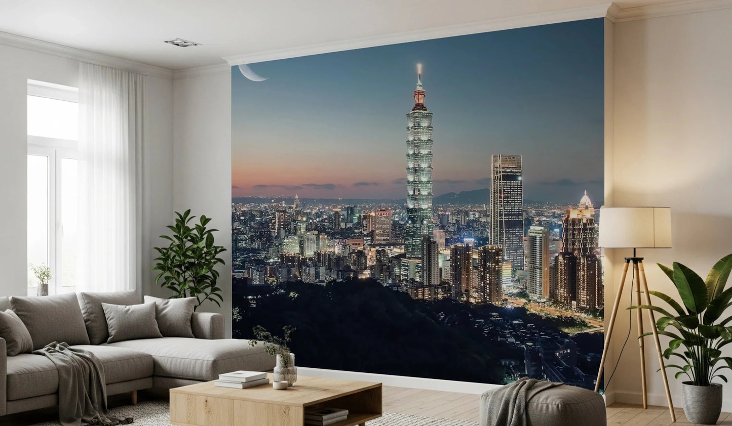Dusk city skyline wallpaper for walls in lounge.