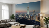 Dusk city skyline wallpaper for walls in lounge.