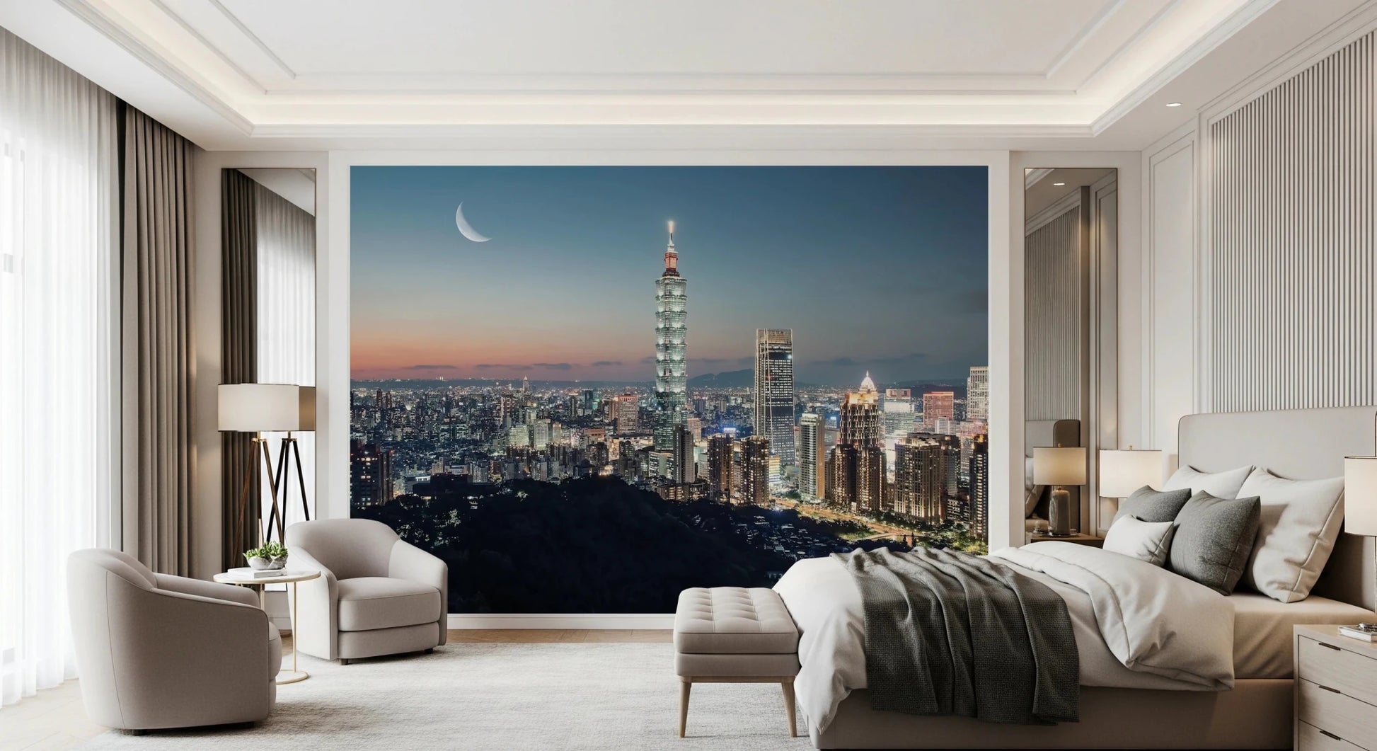 Tall tower wallpaper for walls with city lights.