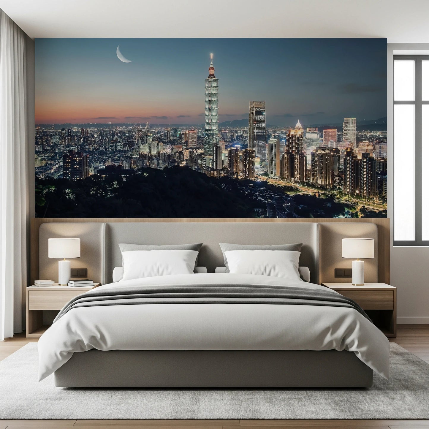 Modern Asian city wall mural for bedroom decor.