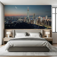 Modern Asian city wall mural for bedroom decor.