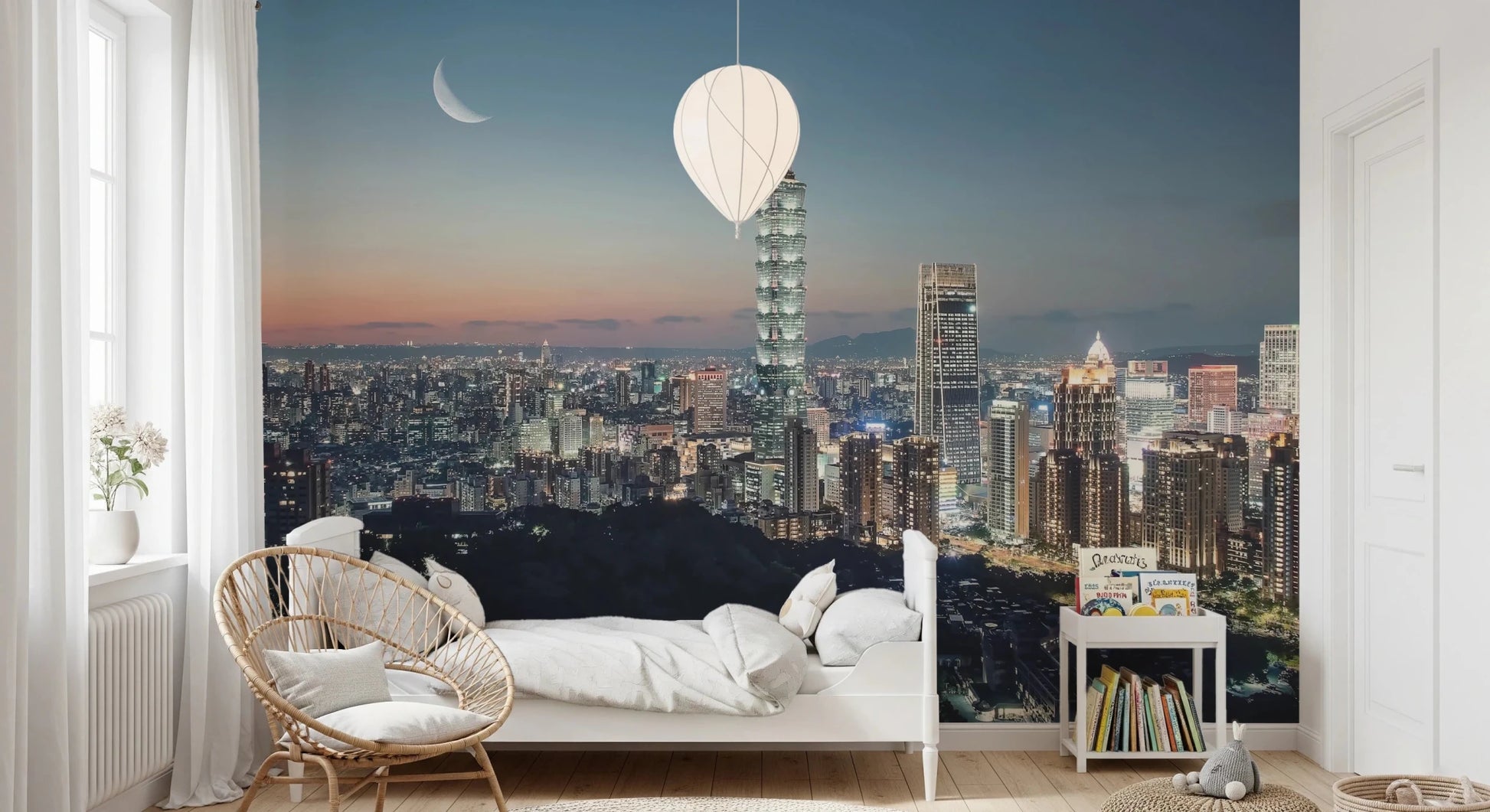 Foggy mountain and city wall mural for home.