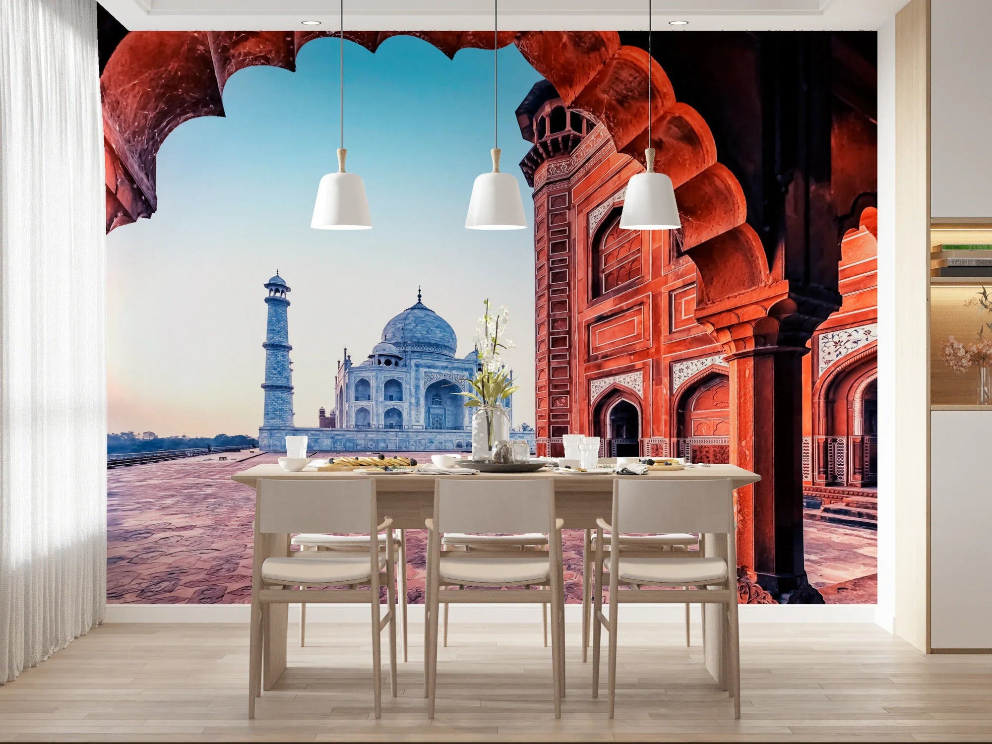 Taj Mahal Architecture Wall Mural in a white marble living room setting., GD7992