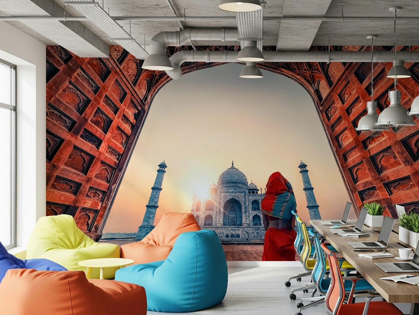 Office wall gains a bold outlook through the sunset Taj wall mural archway scene