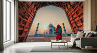Across the Living room, Taj Mahal sunset wall mural adds framed monument depth and scale