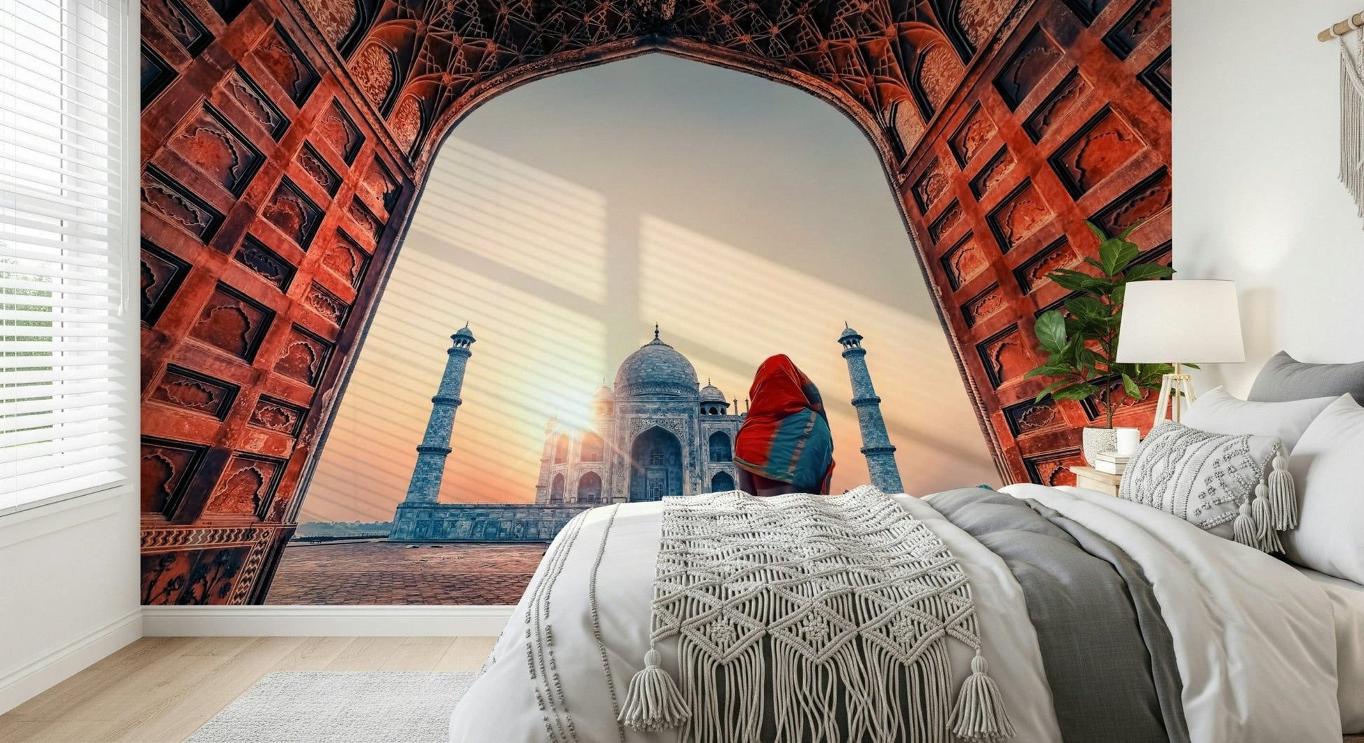 Bedroom styling feels richer with Taj Mahal at sunset wall mural and dome detail