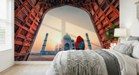 Bedroom styling feels richer with Taj Mahal at sunset wall mural and dome detail