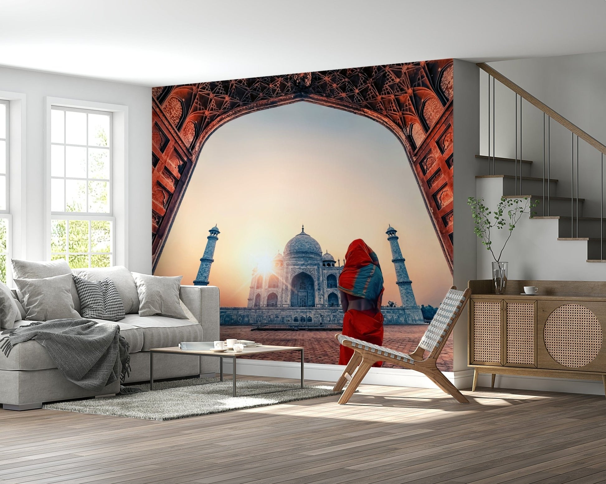 Living room backdrop features sunset Taj wall mural with glowing sky and minarets