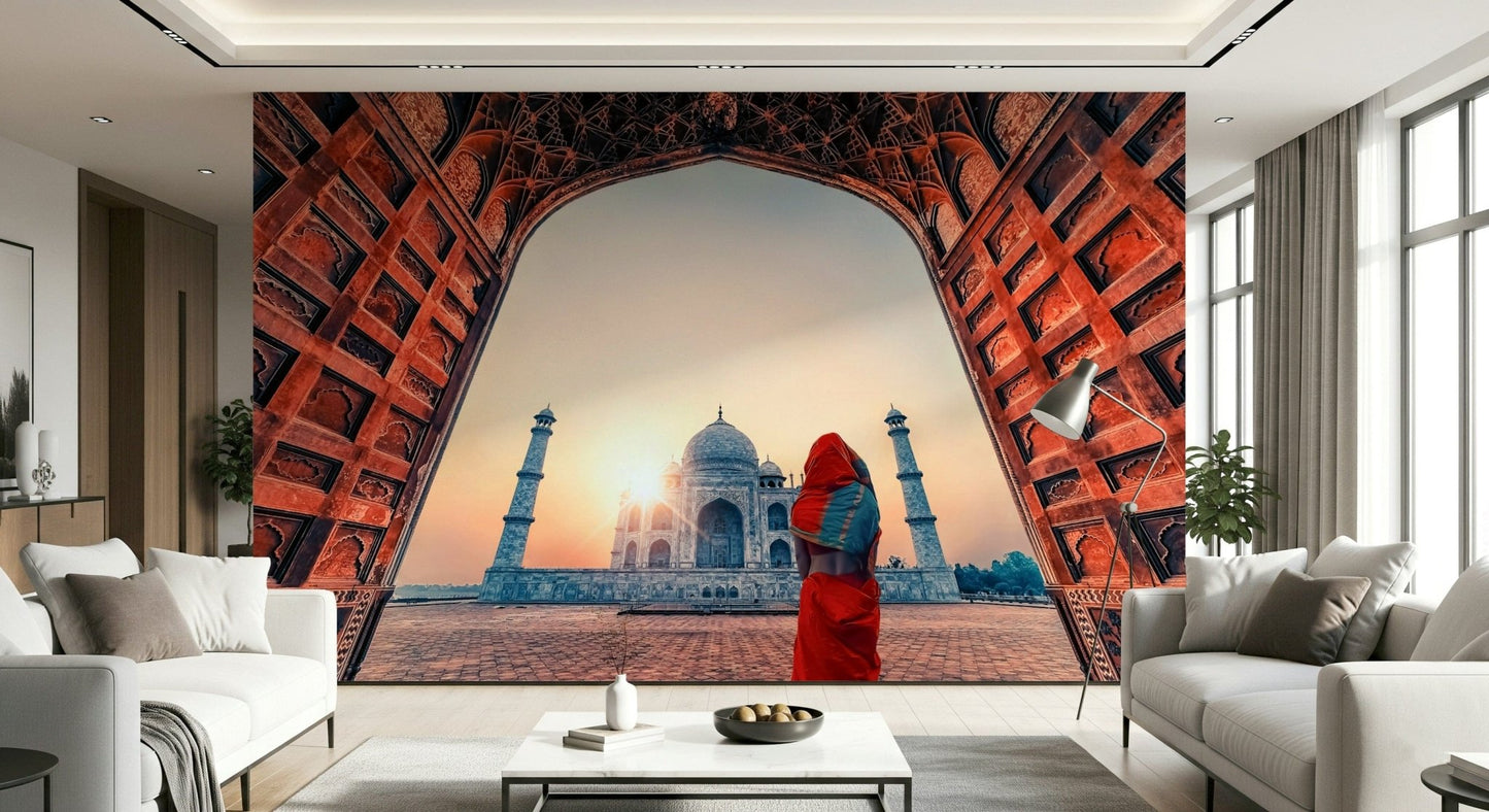 Soft evening tones give the Hallway a calm look with sunset Taj wall mural view now