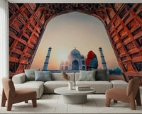 Living room focal with Taj Mahal at sunset wall mural and carved arch detail