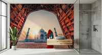 Bathroom setup stands out with Taj Mahal sunset wall mural and marble glow tones