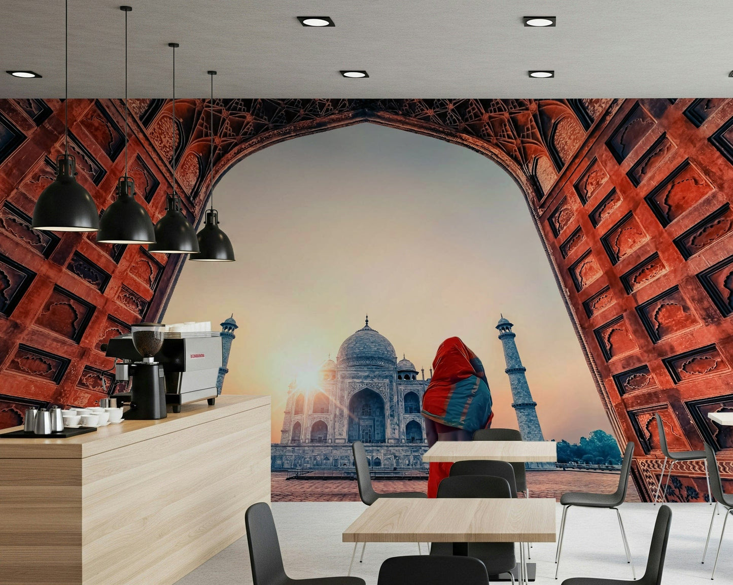 Restaurants And café feel open with Taj Mahal at sunset wall mural perspective view