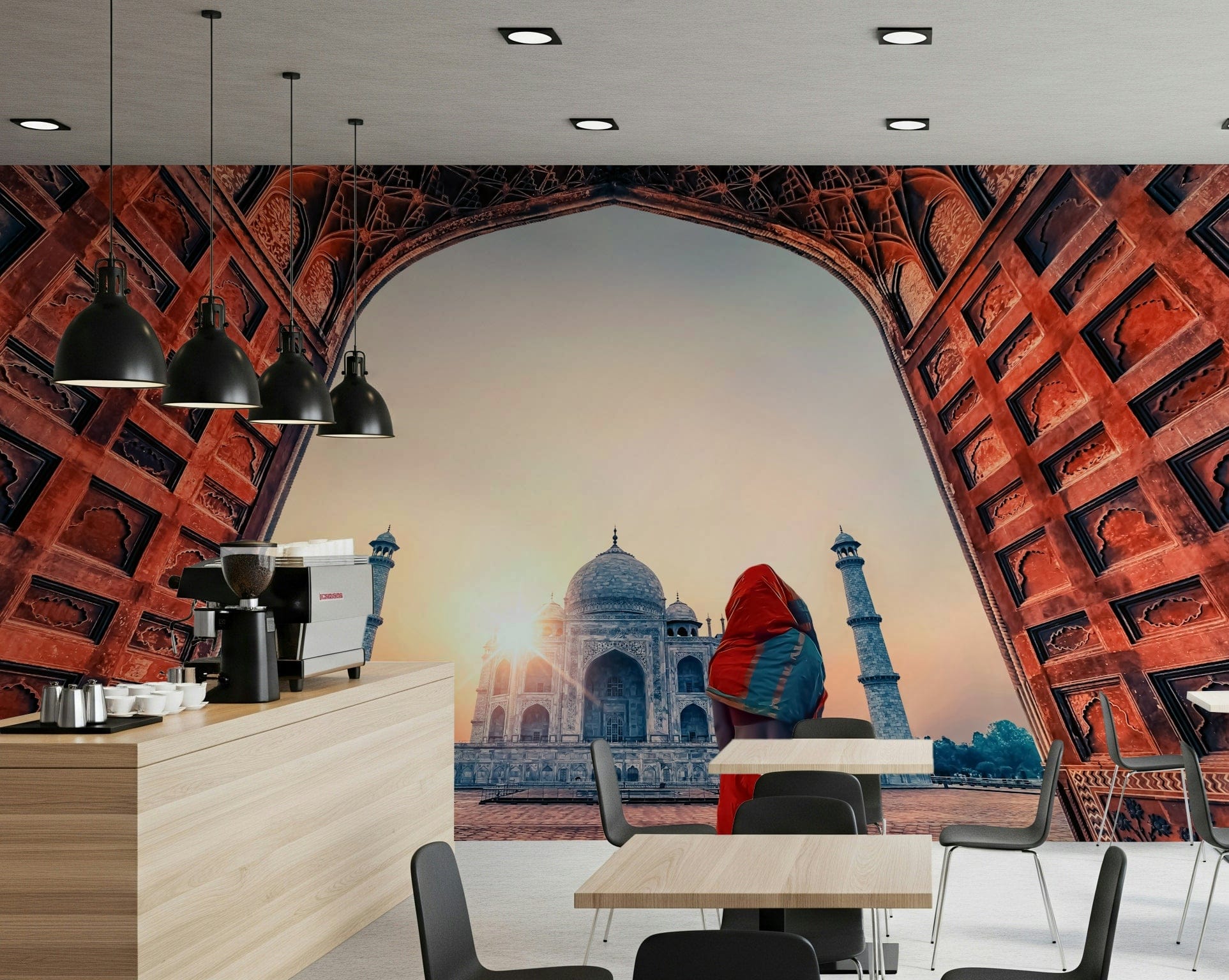 Restaurants And café feel open with Taj Mahal at sunset wall mural perspective view
