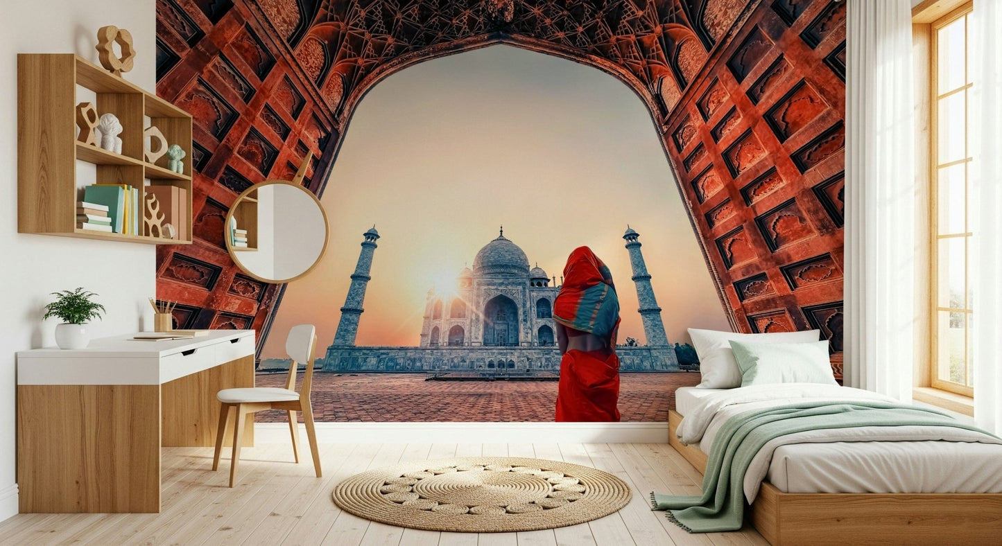 Study room placement of Taj Mahal sunset wall mural adds warm stone symmetry lines