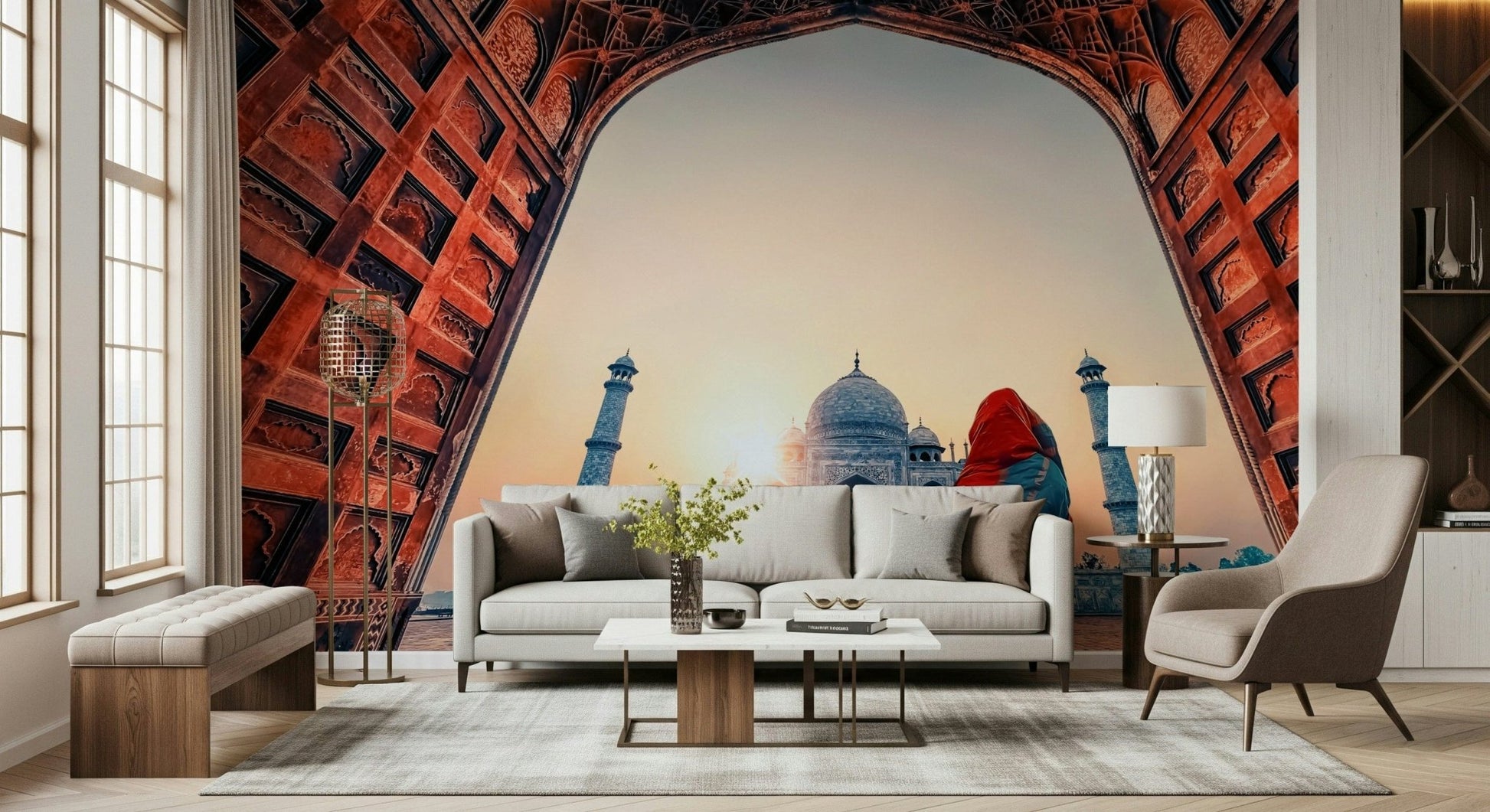 In the lounge, a Taj Mahal at sunset wall mural sets a grand framed vista mood inside