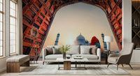 In the lounge, a Taj Mahal at sunset wall mural sets a grand framed vista mood inside