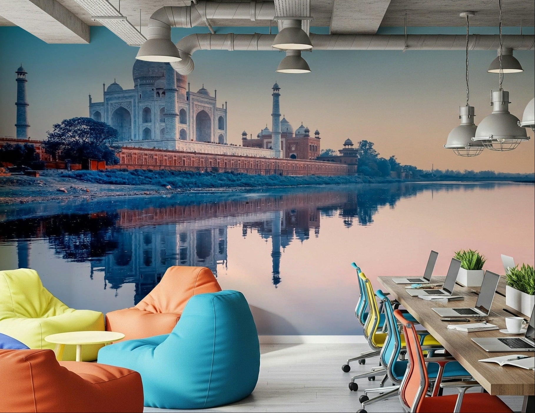 In this Office, Taj Mahal Dream Wall Mural adds soft dawn color and reflection, GD7958
