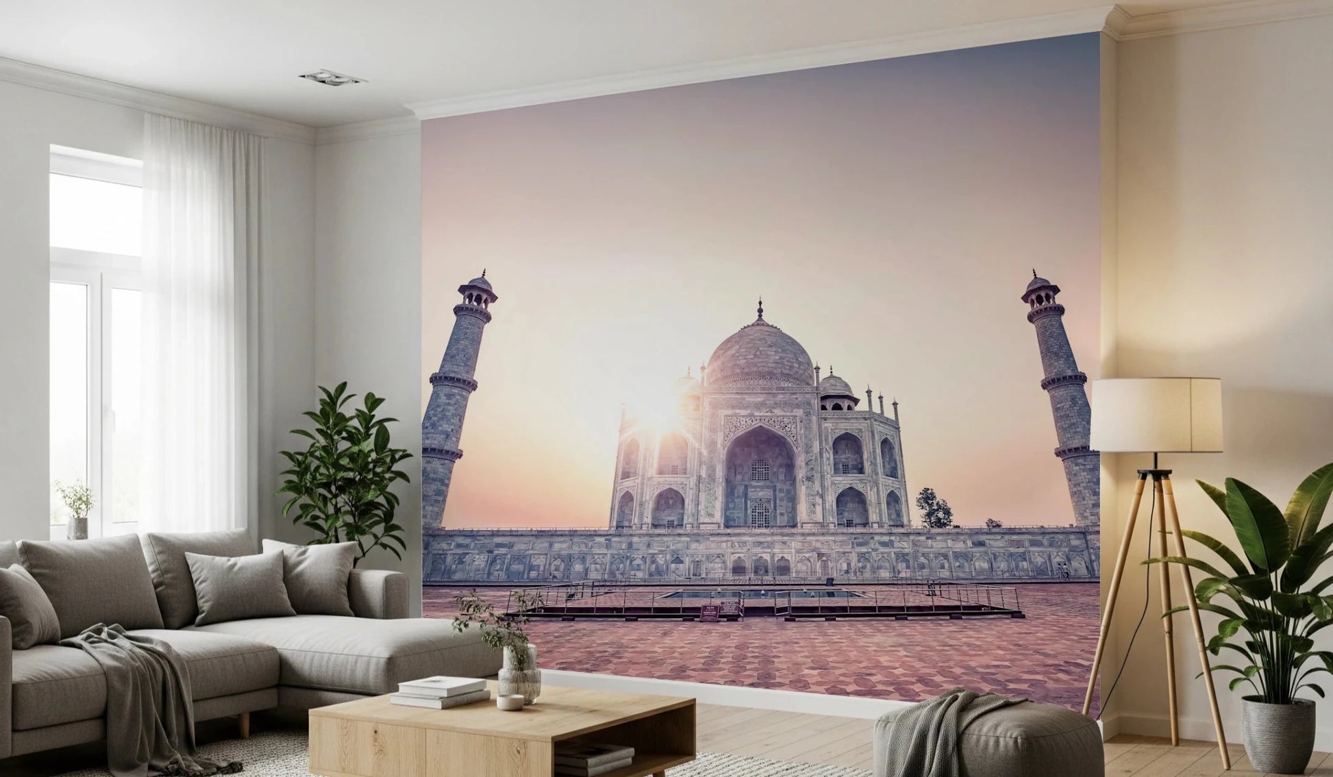 Ethereal white marble wall mural with soft pastel sky