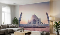 Ethereal white marble wall mural with soft pastel sky