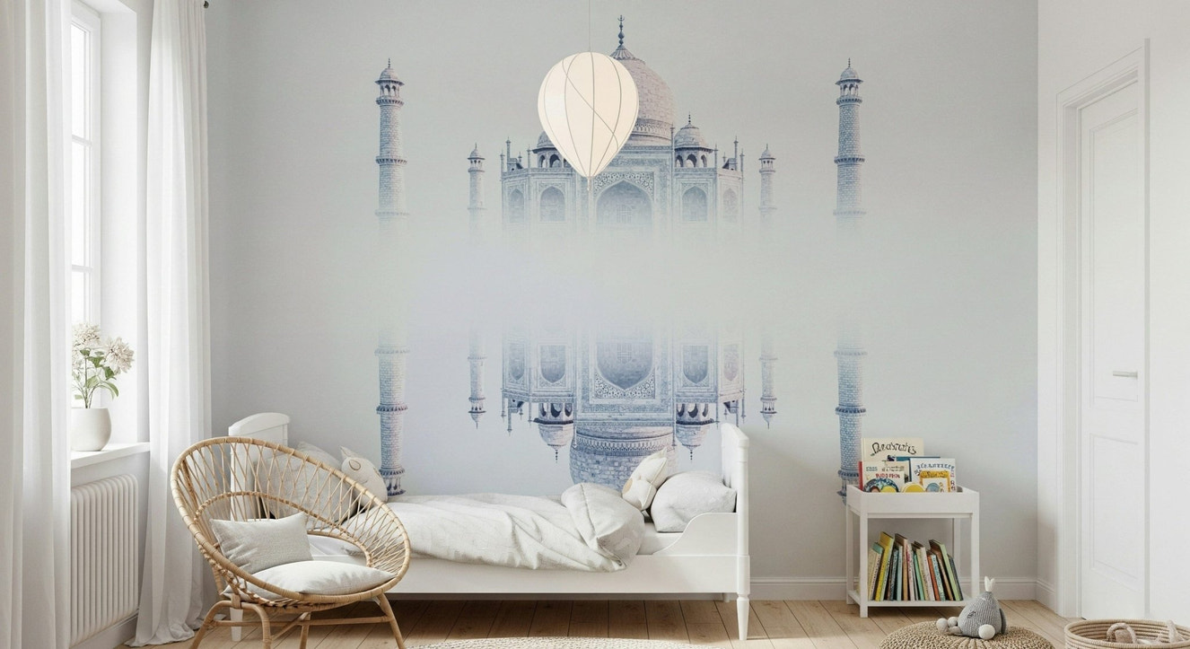 Taj Mahal Mirage ethereal white fog wallpaper mural.