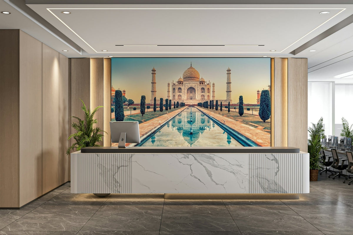Taj Mahal Reflection Serenity wall mural showing the marble palace above a long pool GD5014
