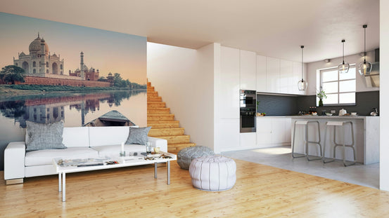 Taj Mahal Serenity wall mural showing a white marble monument mirrored in a calm river GD5012
