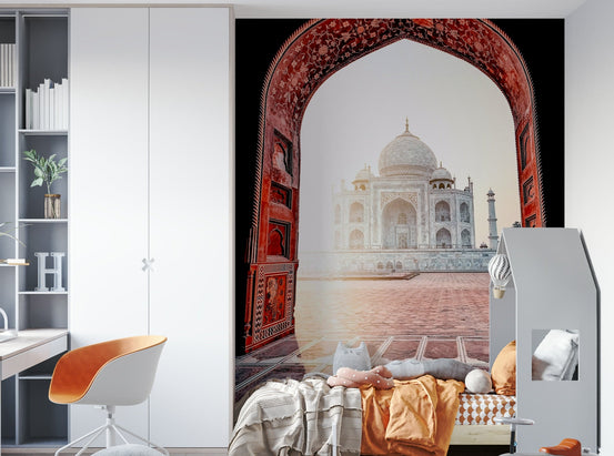 Taj Mahal Vista wall mural showing the marble monument framed by a red archway GD5015
